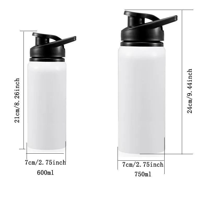 White aluminium sports water bottle for cycling and gym with 600ml and 750ml capacity options