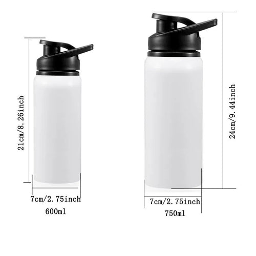 White aluminium sports water bottle for cycling and gym with 600ml and 750ml capacity options