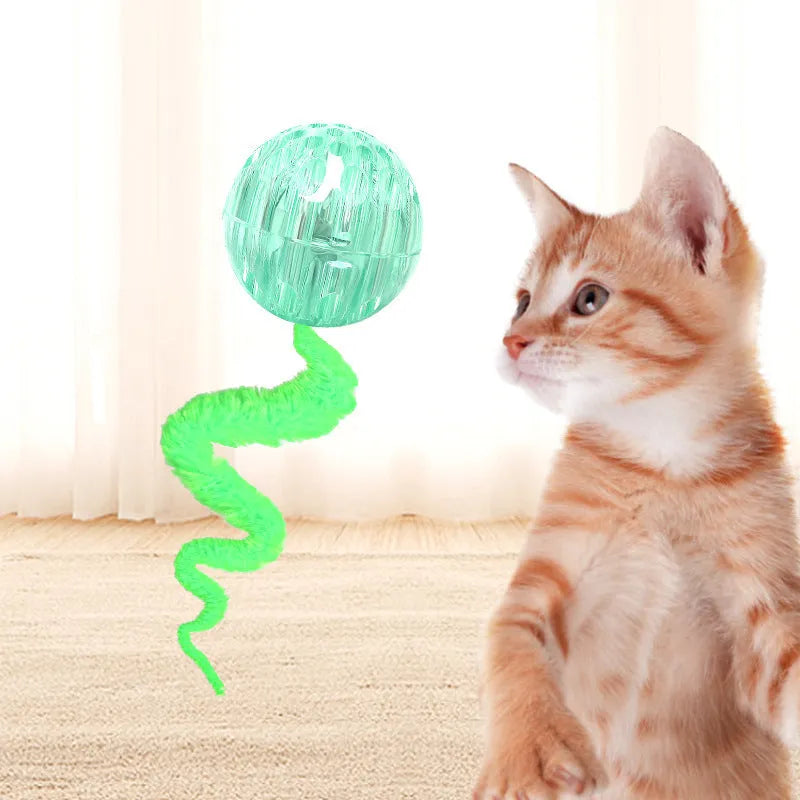Interactive bouncing cat toy with plush worm tail in green, pink, or purple colour options
