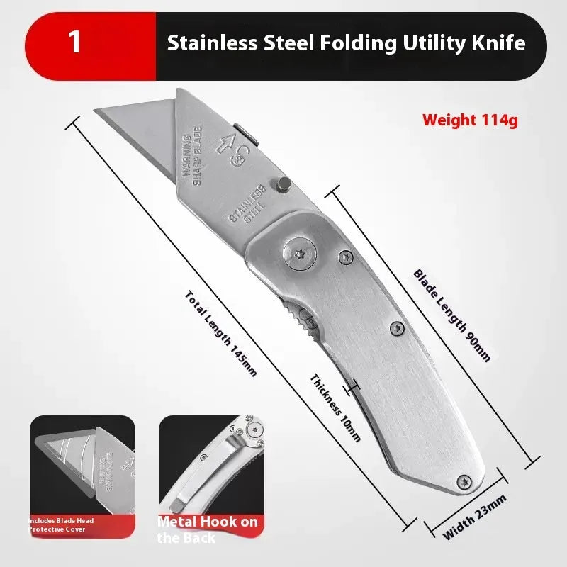Stainless steel folding art knife with black blade and replacement blades for craft and modelling