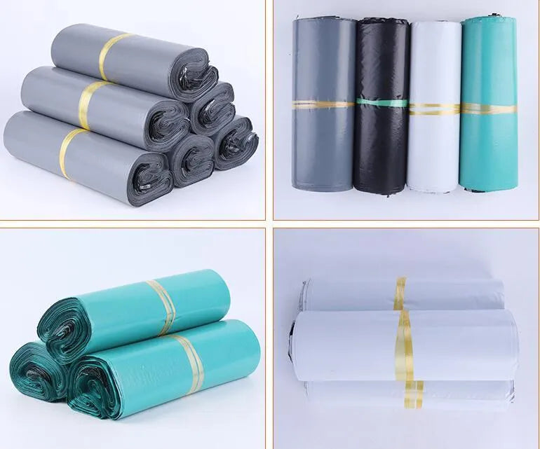 Black, grey, green, and white PE courier bags with adhesive sticker seals in various sizes.