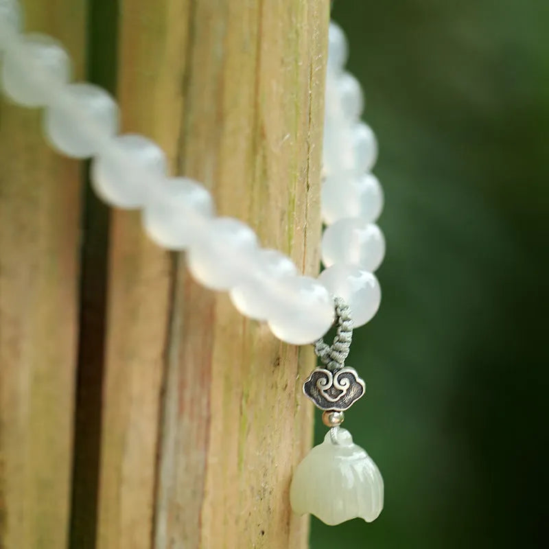 Women's S925 silver and white agate Hetian jade bracelet with geometric lotus pattern