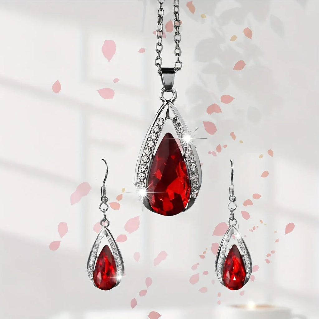 Teardrop pendant necklace and earrings jewellery set in black or red colour options