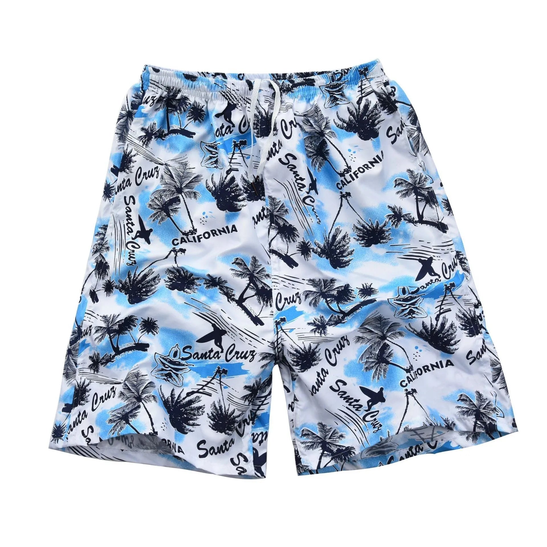 Men's casual floral print five-point swimming trunks made from polyester fabric.