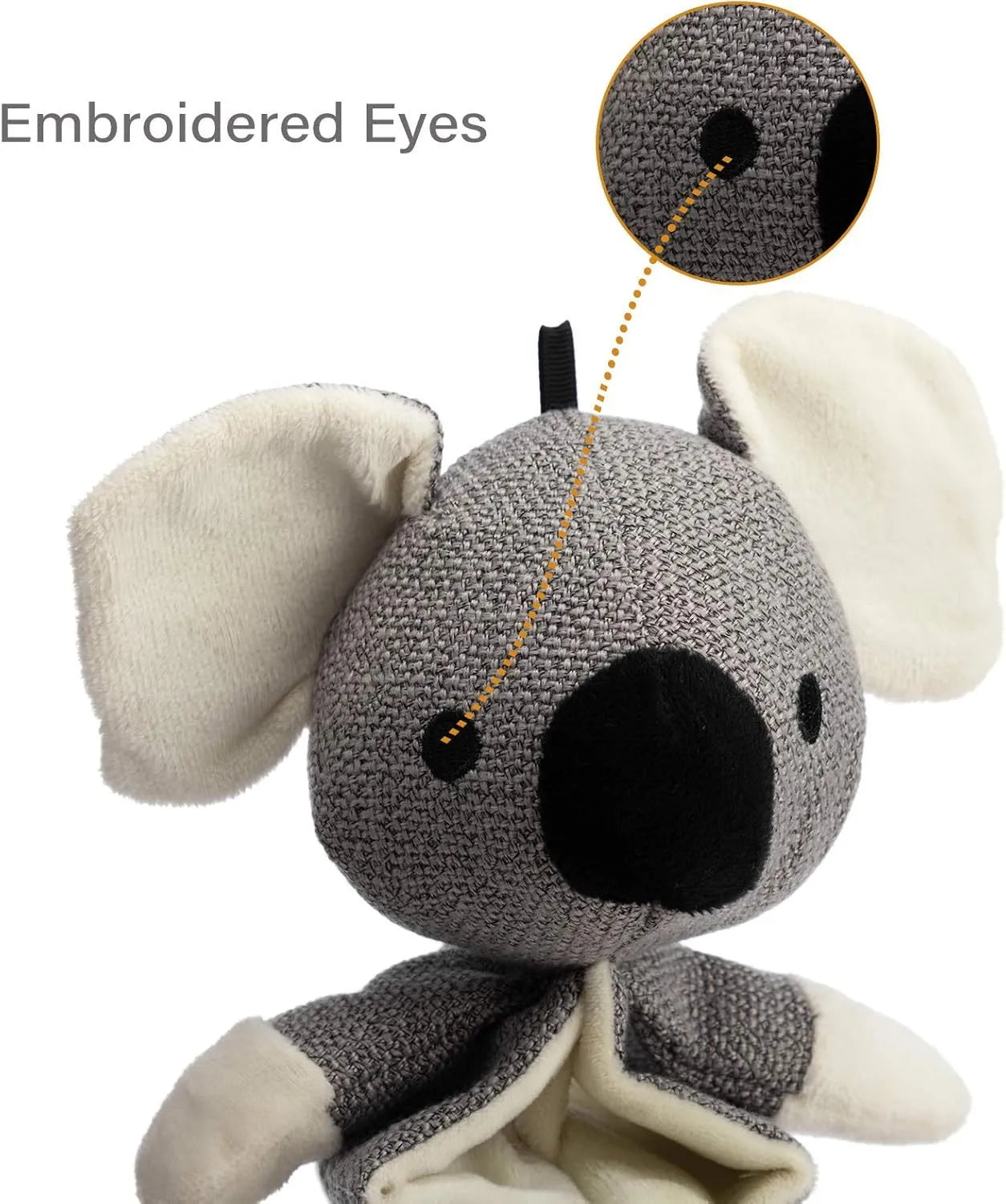Grey koala plush dog toy measuring 30cm tall with durable cloth material