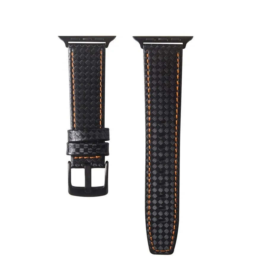 Carbon fibre pattern leather Apple Watch strap case in black, blue, orange, and red colour options.