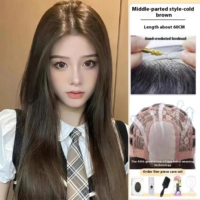 Forehead lace long straight full-head wig in dark brown colour with side bangs styling