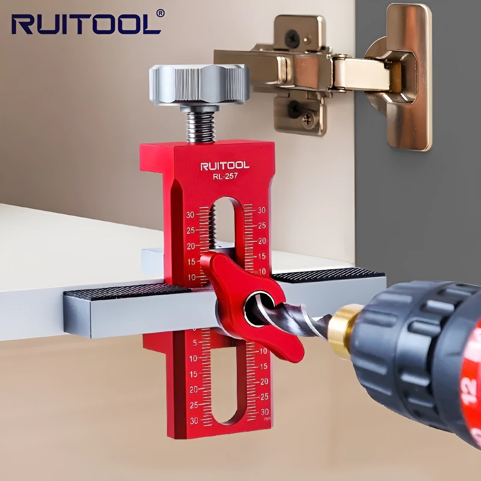 Aluminium alloy cabinet door installation aid for woodworking hinge alignment.