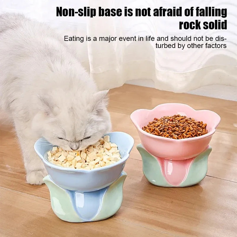 Blue floral patterned ceramic raised pet bowl with non-slip base for cats or small dogs.