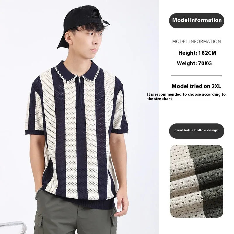 Men's black and white striped short sleeve summer sweater with zip detail on front.