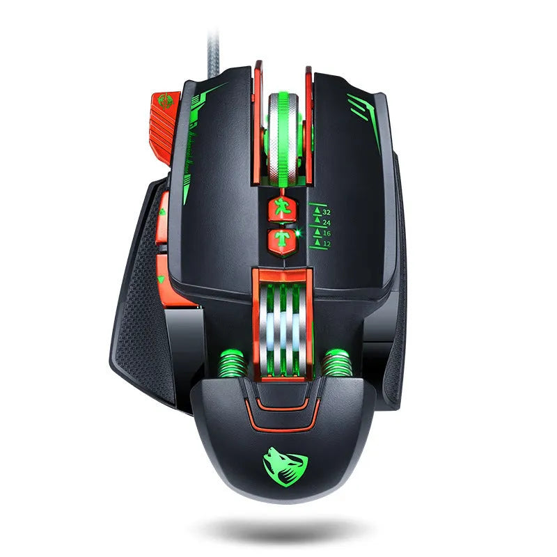 Black Thunder Wolf V9 wired gaming mouse on a desk, showing its ergonomic shape and USB cable.