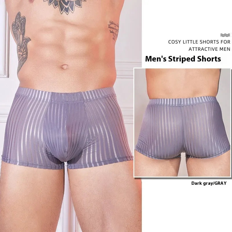 Men's striped thin nylon underwear in black, shown flat.