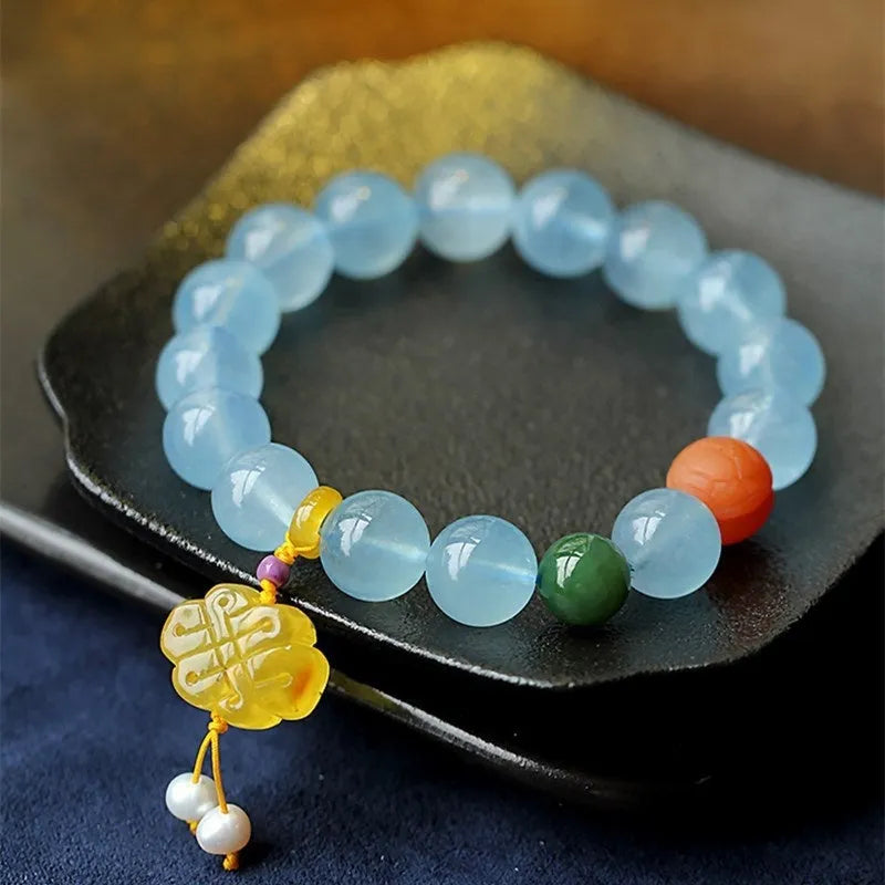 10mm round aquamarine bead bracelet unisex simple cartoon style jewellery
