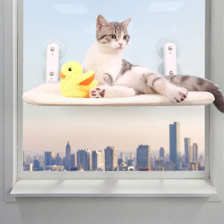 Stainless steel cat window perch with suction cups in beige mesh, grey mesh, or grey plush.