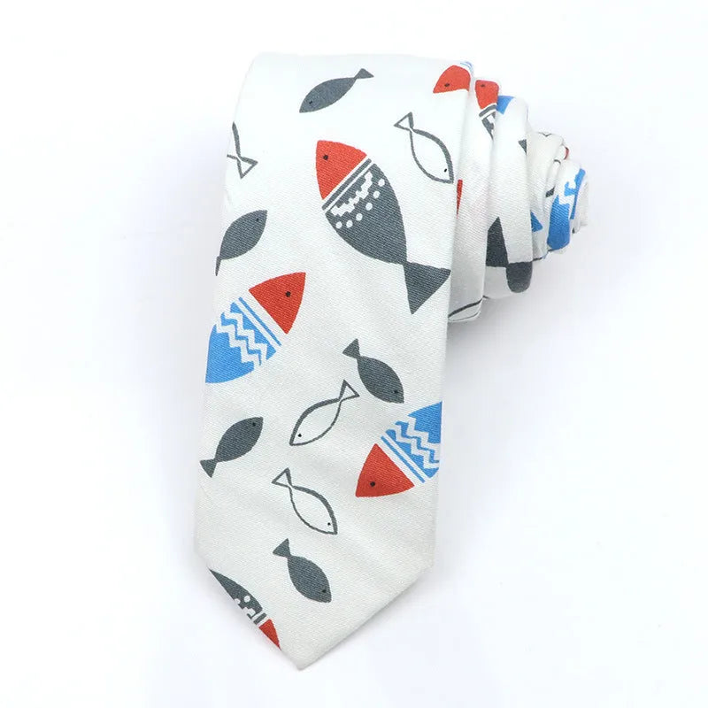 Korean style narrow men's cotton bow tie with a printed cartoon pattern in a selected colour.