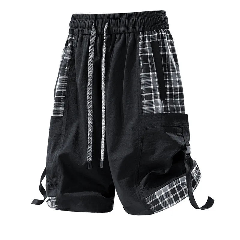 Men's loose fit cargo shorts with plaid stitching detail in black, light grey, and smoky grey colour options