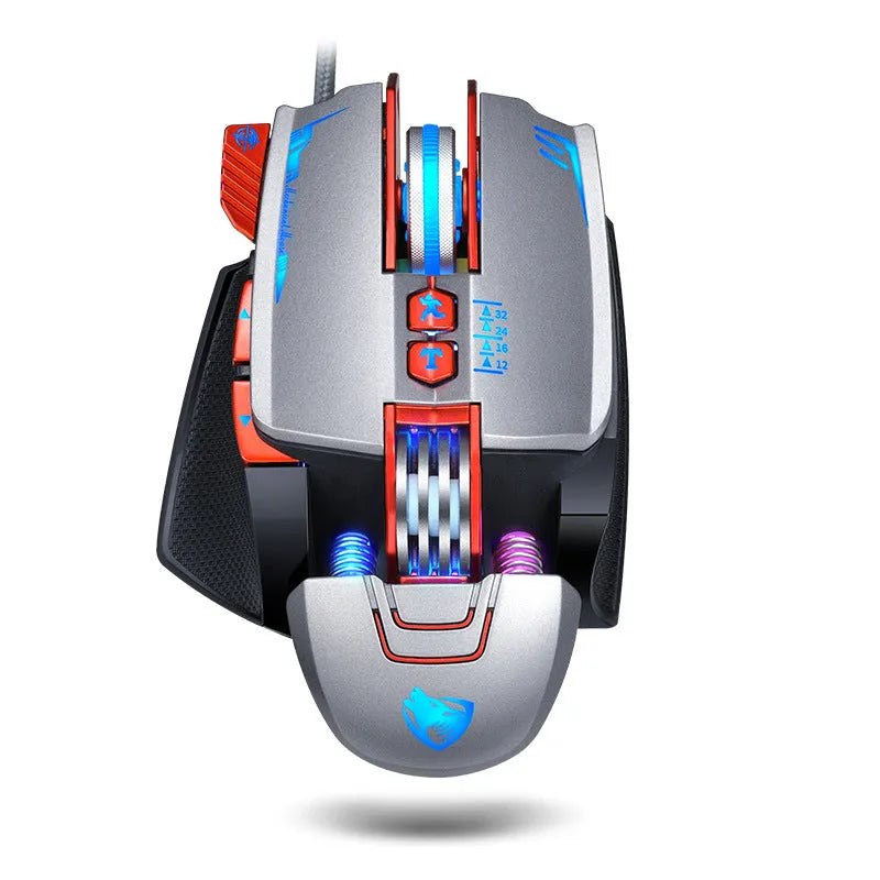 Black Thunder Wolf V9 wired gaming mouse on a desk, showing its ergonomic shape and USB cable.