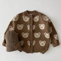 Children's cotton sweater coat with cute cartoon bear pattern, round neck, long sleeves, off white colour