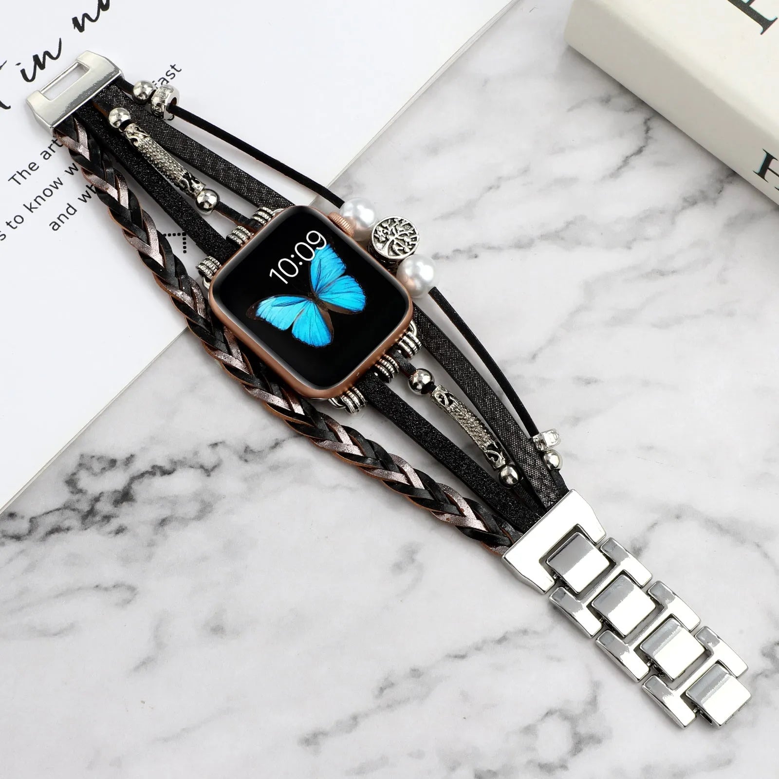 Vintage metal leather beaded smart watch strap for Apple Watch 38-45mm in Silver