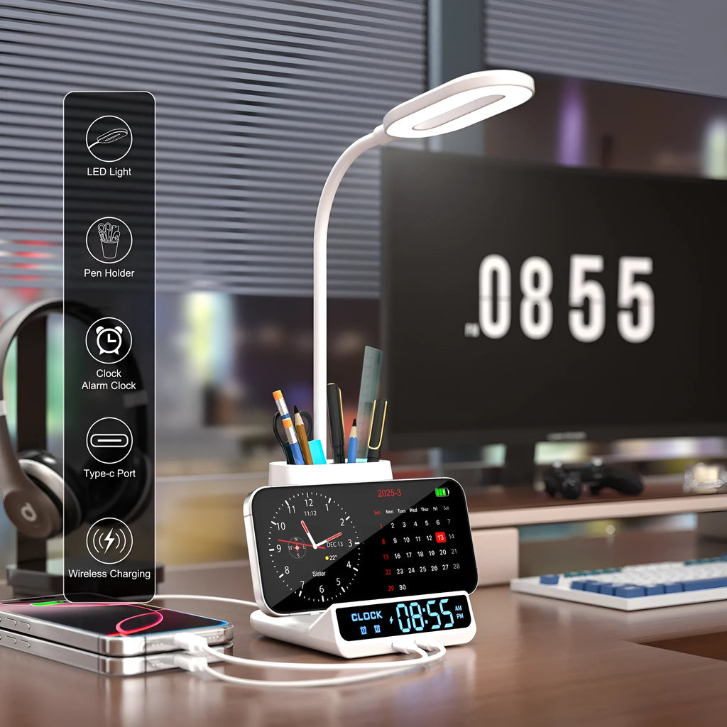 Wireless charging desk lamp with integrated pen holder and storage compartment in modern design