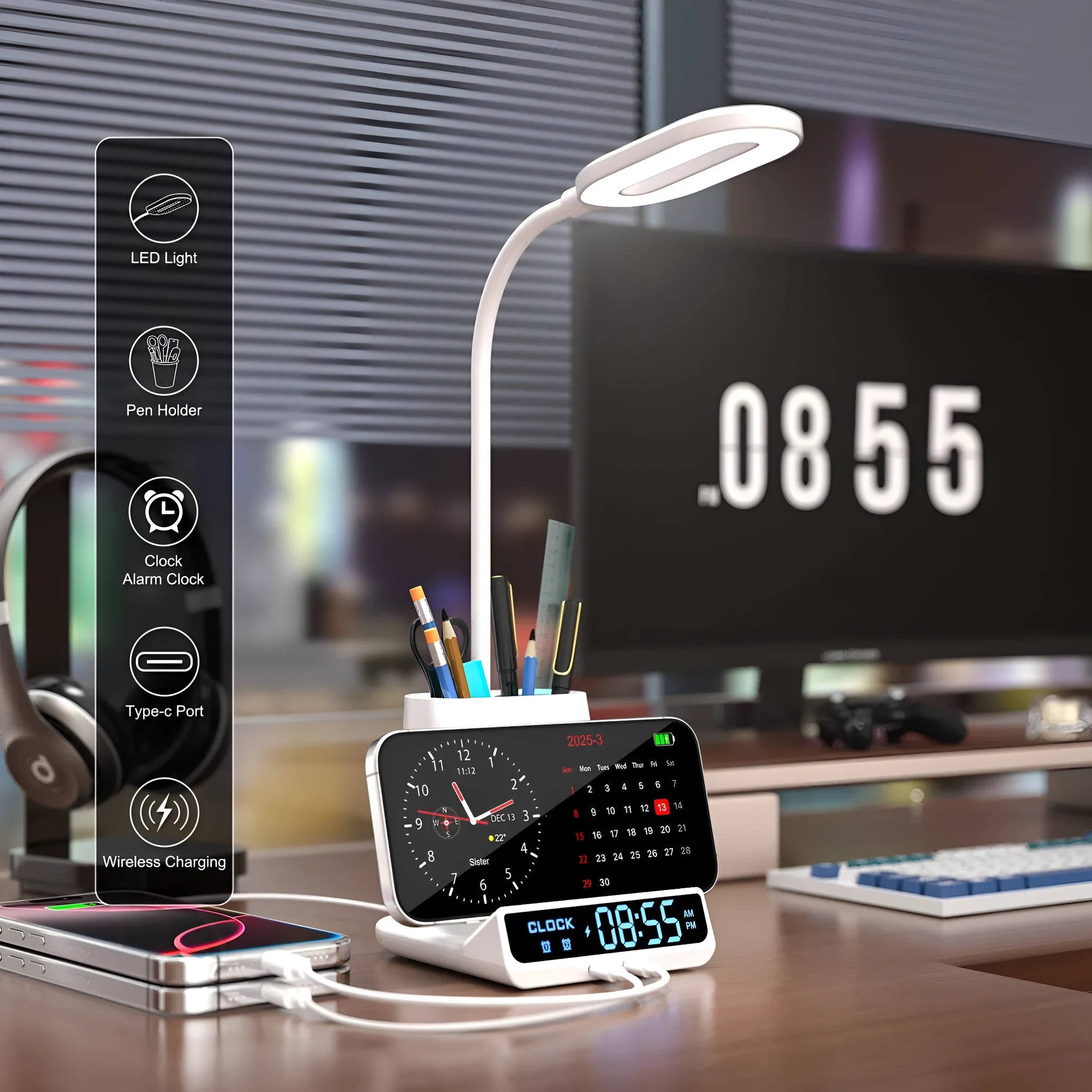 Wireless charging desk lamp with integrated pen holder and storage compartment in modern design