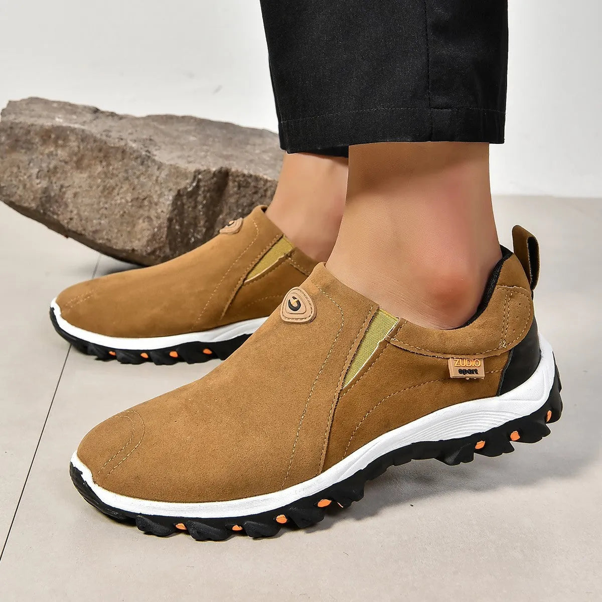 Men's round head thin shoes in grey, blue, light brown, green and black colours with rubber soles