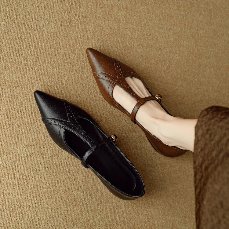 Women's brown pointed toe low-cut flat shoes with soft bottom and 3-5cm heel