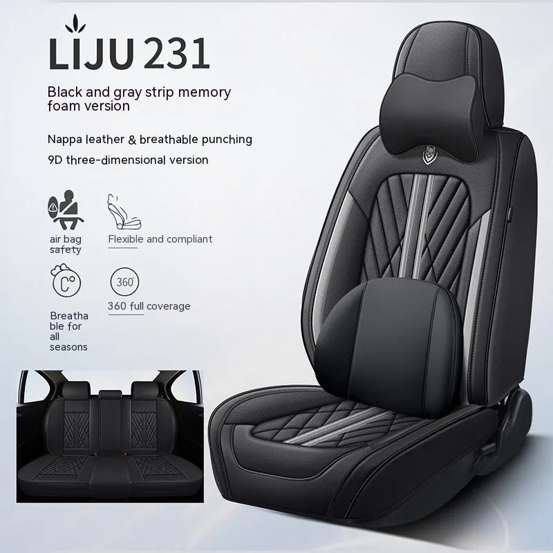 Five-piece leather car seat cushion set in various colour options with hemmed edge detailing