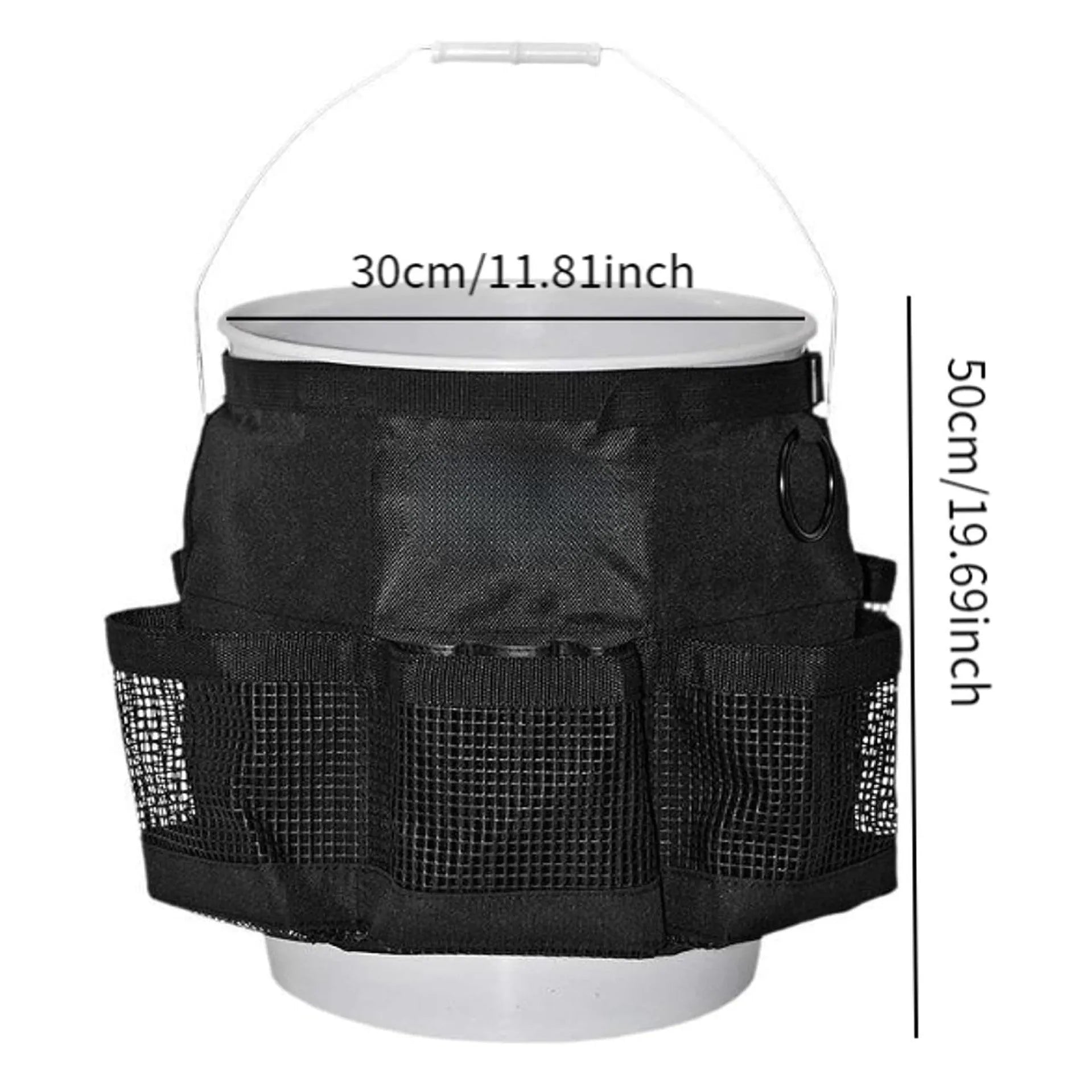 Black cylindrical polyester storage bag hanging on a 5-gallon barrel for outdoor tool organisation.
