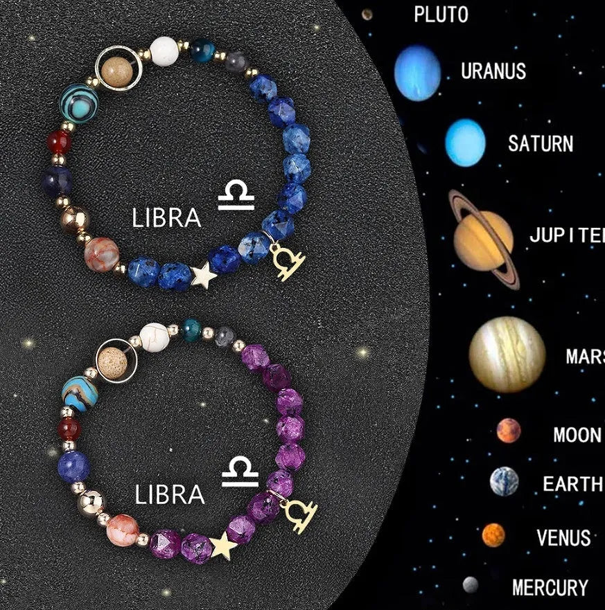 Set of twelve natural stone beaded bracelets featuring different zodiac sign designs