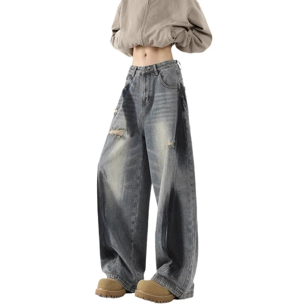 Men's American-style splash-ink ripped machete blue cotton jeans with loose fit