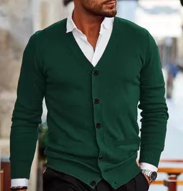 Men's slim fit acrylic cardigan sweater in a selection of colours including creamy-white, grey, black, wine red, and dark green.
