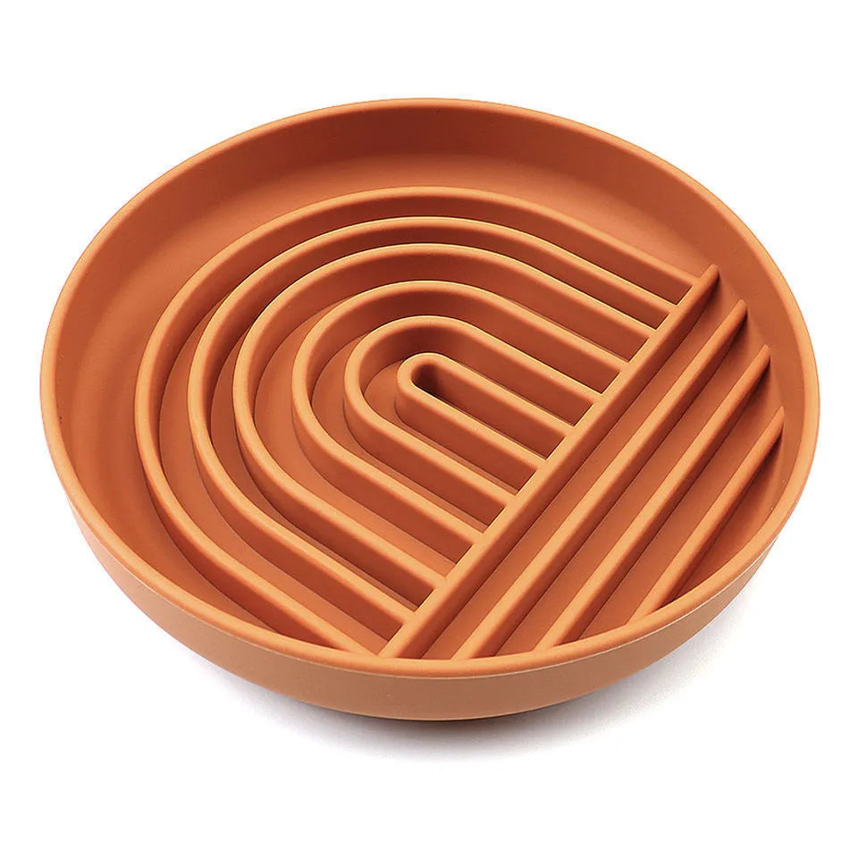 Silicone slow feeder dog bowl with ridges, shown in beige colour, 19cm diameter