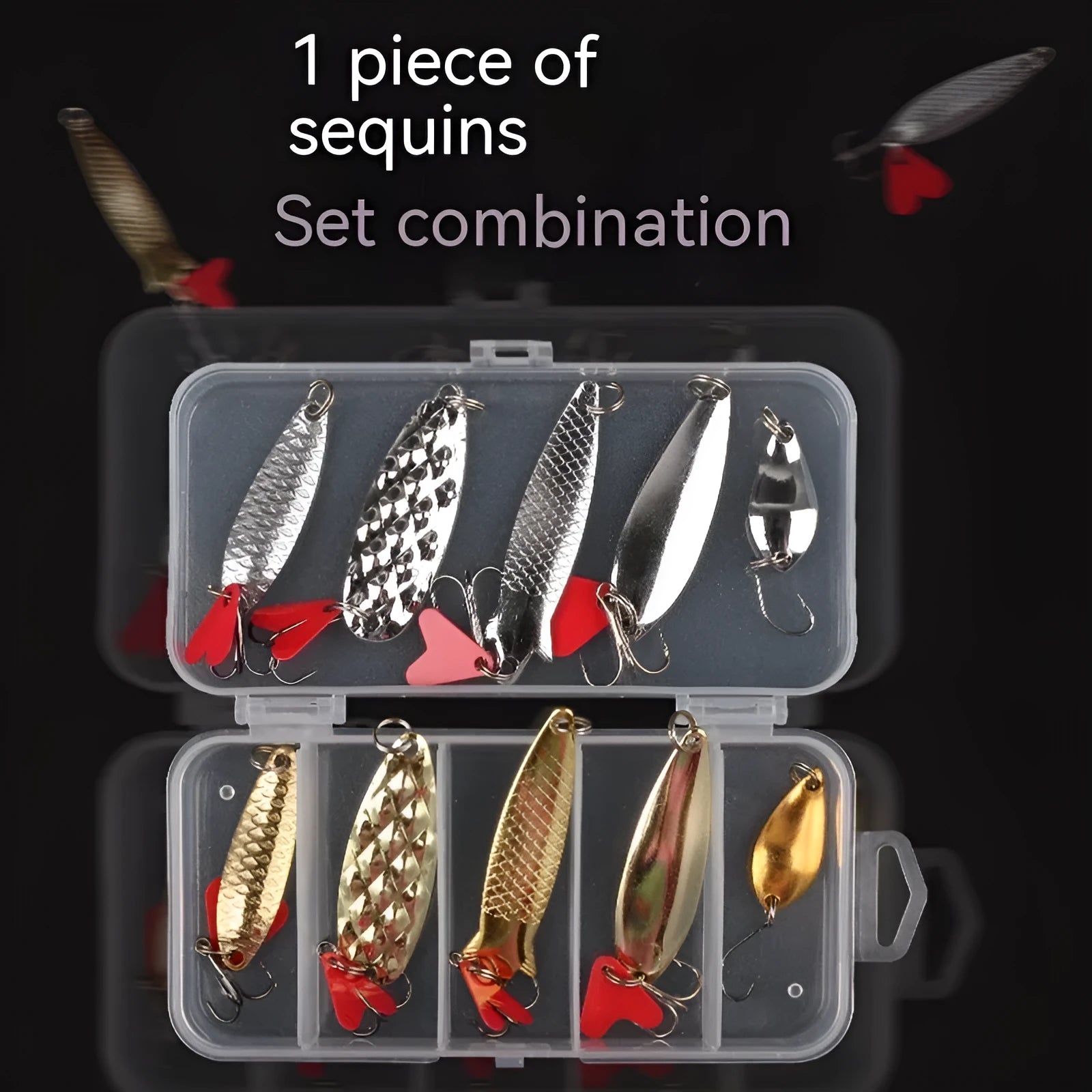 Pineapple-shaped metal fishing lures with metallic sequins in gold and silver colours