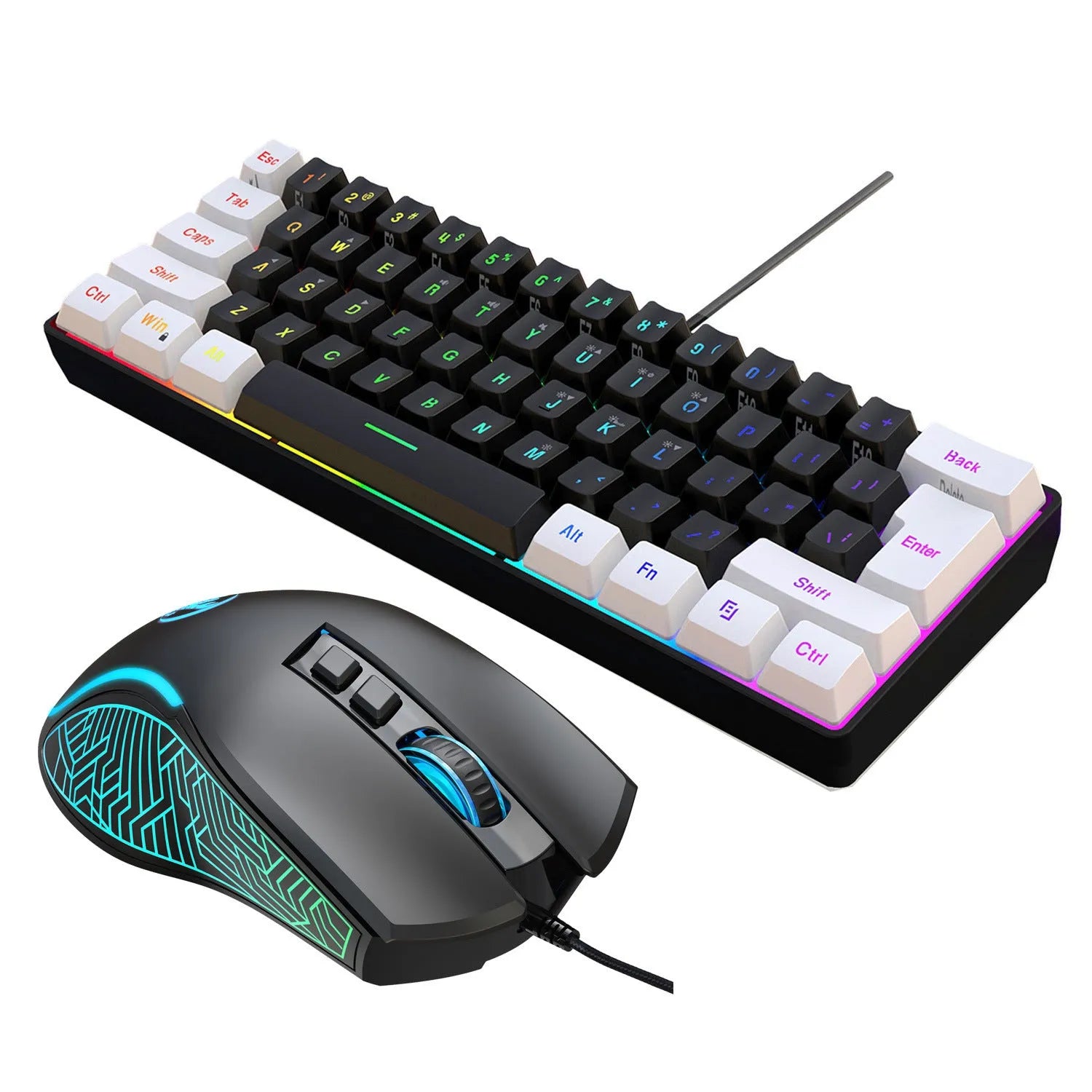 White and black wired 61 key membrane keyboard with compact design and USB cable