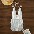 White women's deep V neck one-piece swimsuit with tassel dress attachment