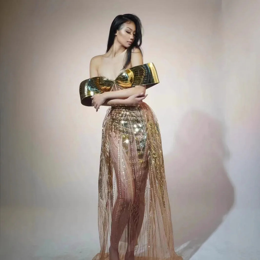 Gold strapless sequin evening dress with side split long skirt and tulle detail