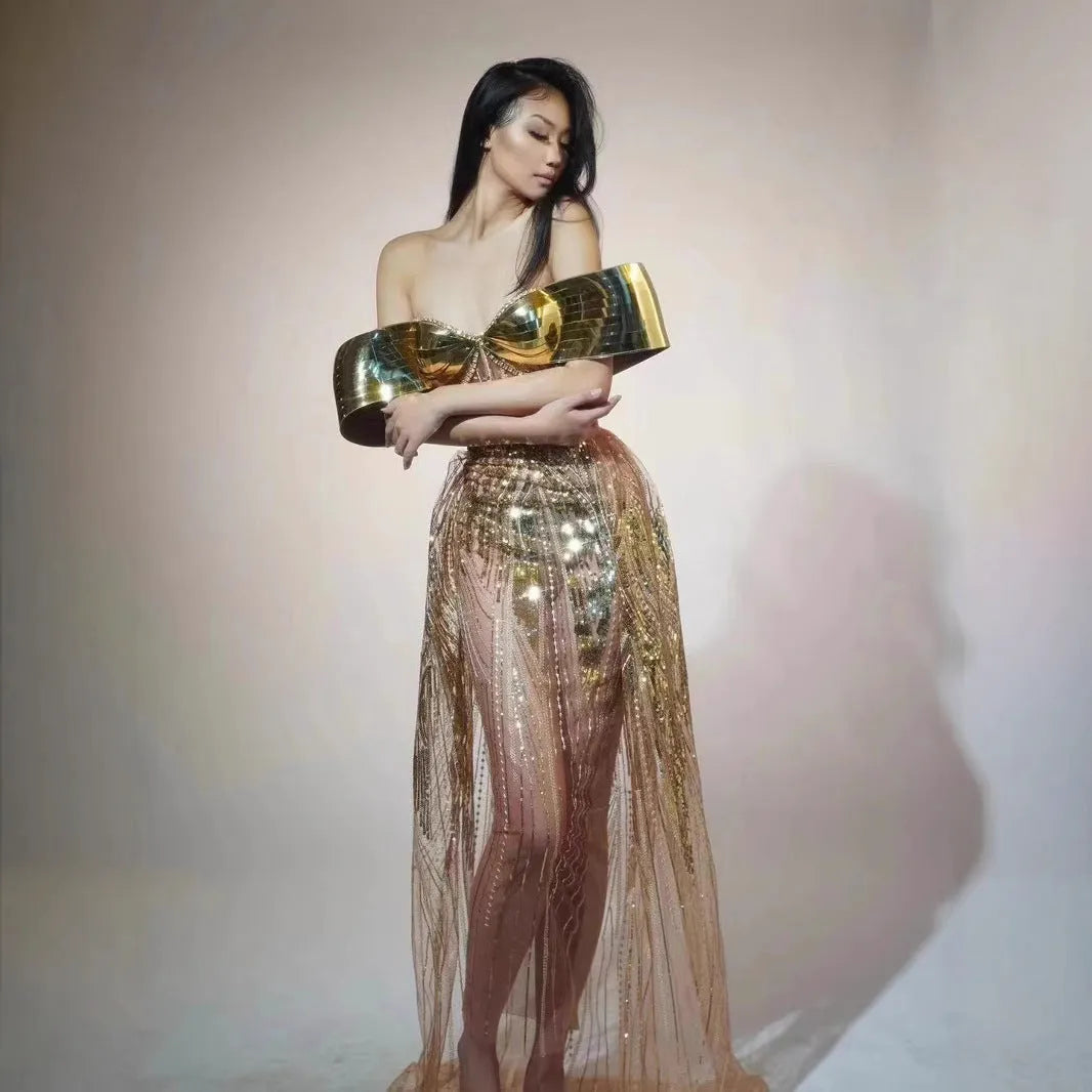 Gold strapless sequin evening dress with side split long skirt and tulle detail
