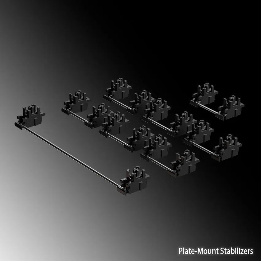 Mechanical keyboard stabiliser accessories set showing black and milky white satellite shafts for 6.25U and 7U spacebars