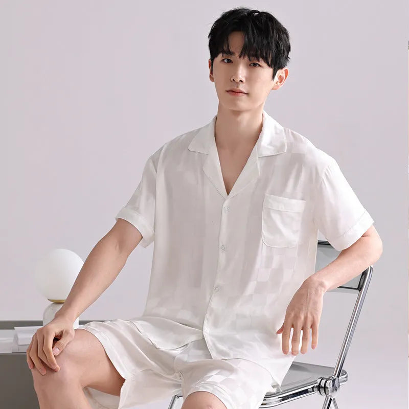 Men's ice silk pajama set with cardigan top and shorts in satin jacquard pattern