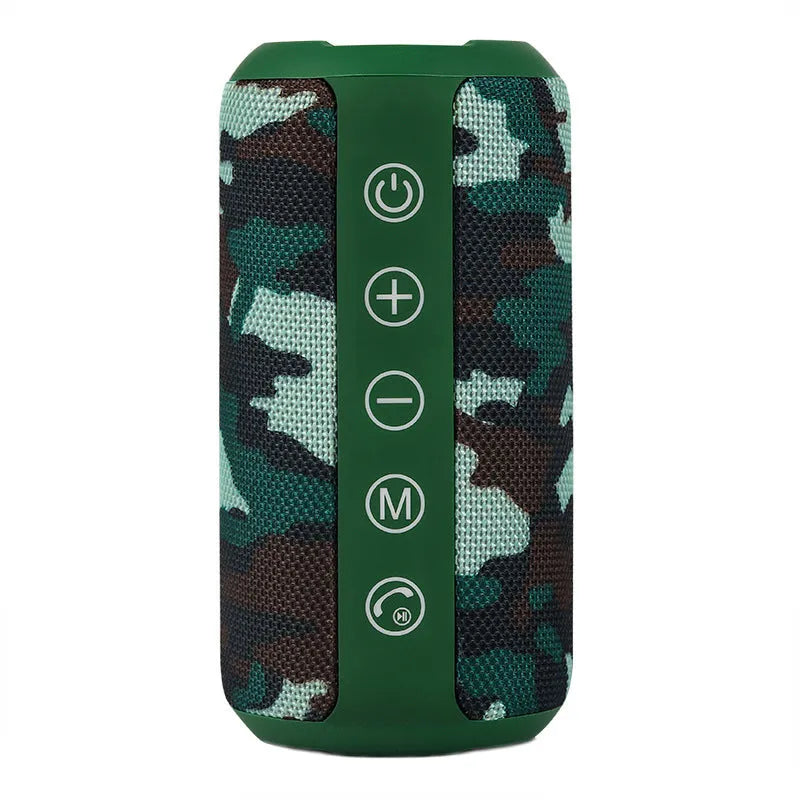 Outdoor waterproof portable speaker in black, camouflage, grey, or red colour with display showing Bluetooth, TF card, and AUX logos.