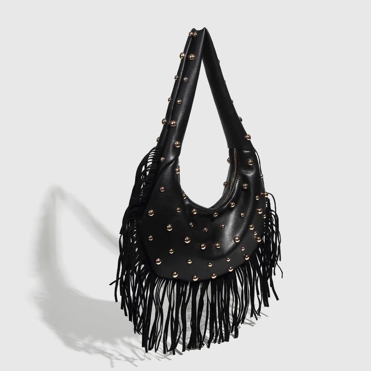 Retro tassel shoulder handbag in black or wine red with interior mobile phone pouch