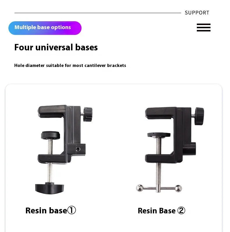 Black foldable metal cantilever bracket holding a tablet, extended on a desktop.