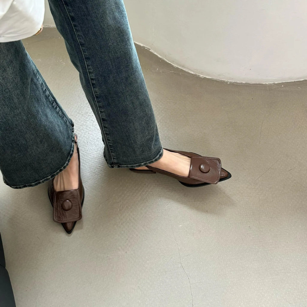 Women's low heel closed toe sandals with pointed toe and back ankle strap in four colour options
