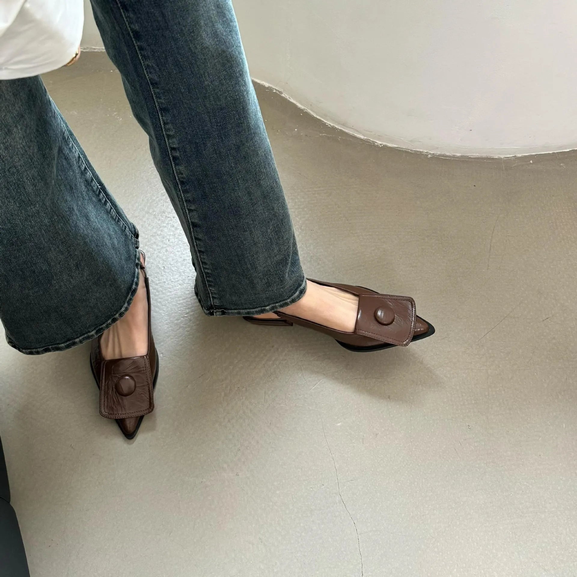 Women's low heel closed toe sandals with pointed toe and back ankle strap in four colour options