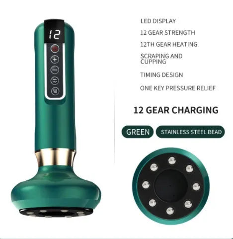 Green electric vacuum cupping massager with USB charger and essential oil head