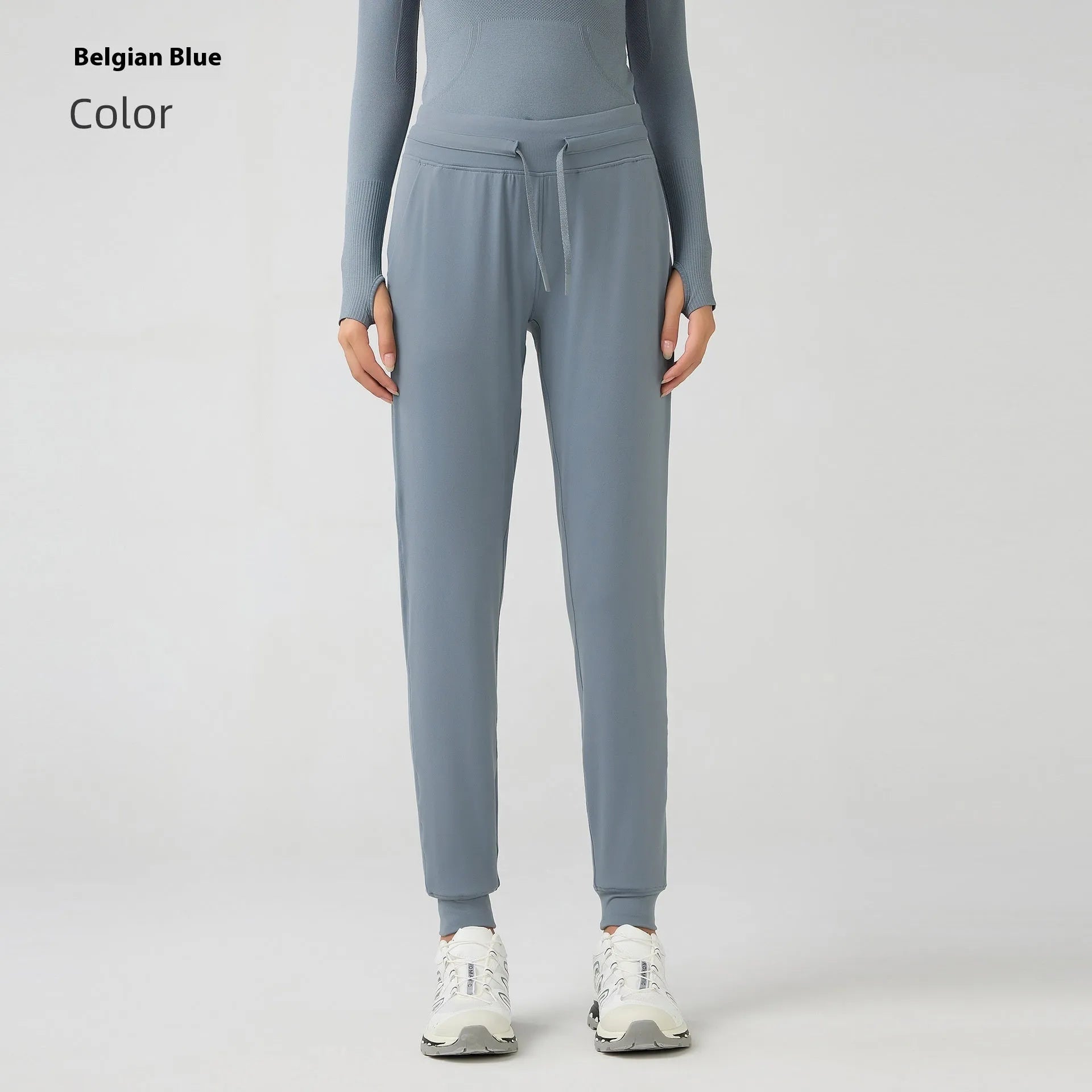 Women's high waist yoga pants with drawstring waistband in quick-drying cotton blend fabric, multiple colour options