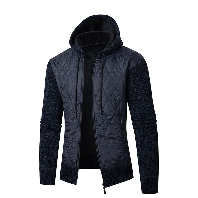 Men's grey hooded sweater coat cardigan with cinched waist and corduroy texture