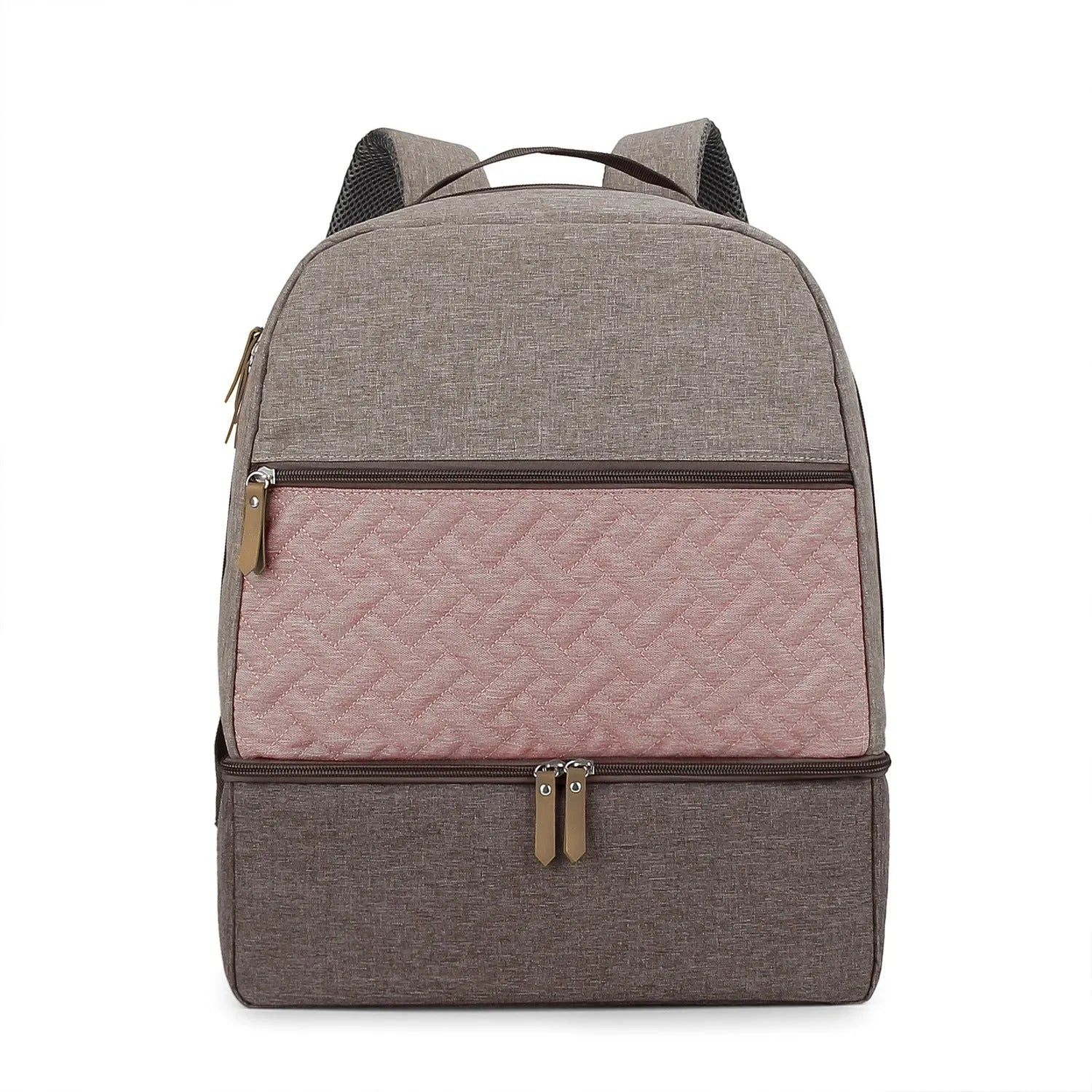 Grey insulated mother and child travel backpack with curved straps and multiple compartments.