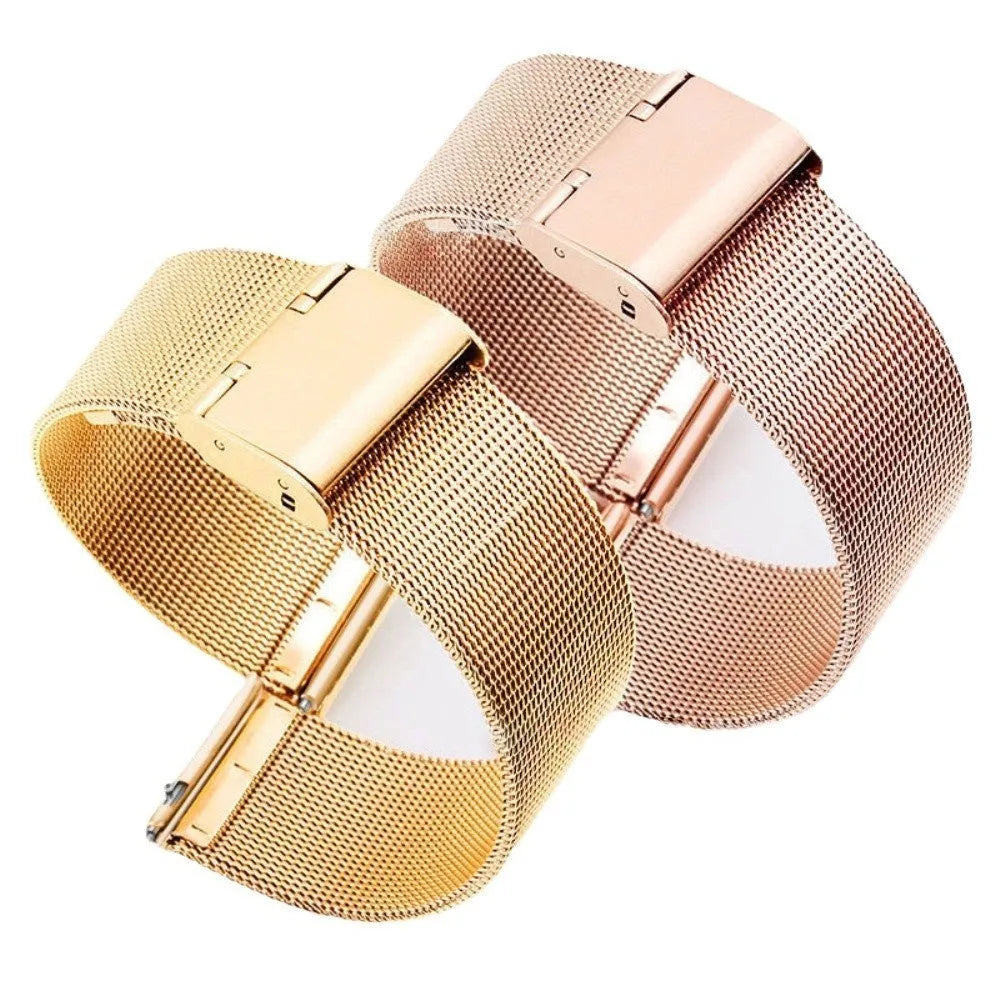 Milani natural style silk woven stainless steel watch band in silver, shown with multiple bandwidth size options.